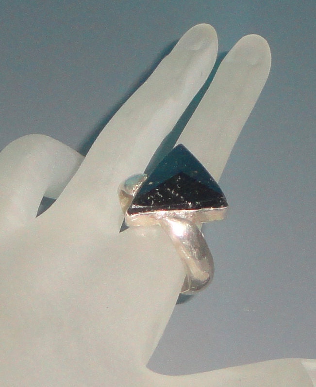 Pyramidal Cabochon Black Tourmaline Hematite Bezel Set Ring Father's Day Gift for Dad