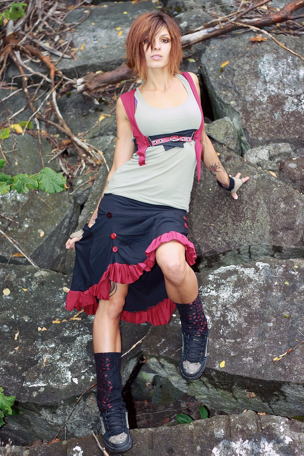 Eco SteamPunk -- Organic Button Ruffle SKIRT Red and Black S-L