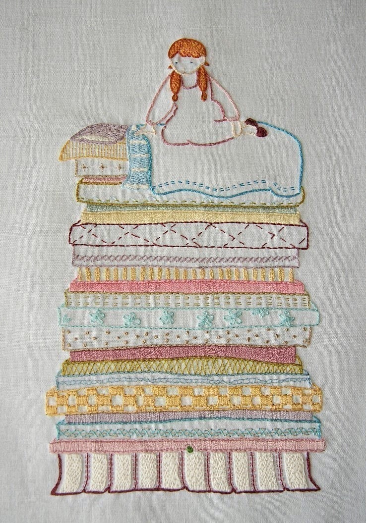 Beautiful and original 9 page hand embroidery pattern design sampler Princess and the Pea PDF no shipping fee