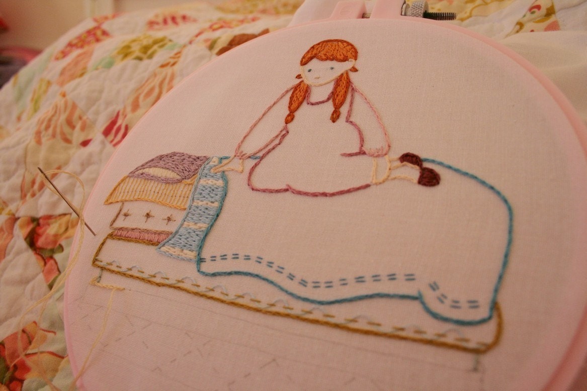 Beautiful and original 9 page hand embroidery pattern design sampler Princess and the Pea PDF no shipping fee