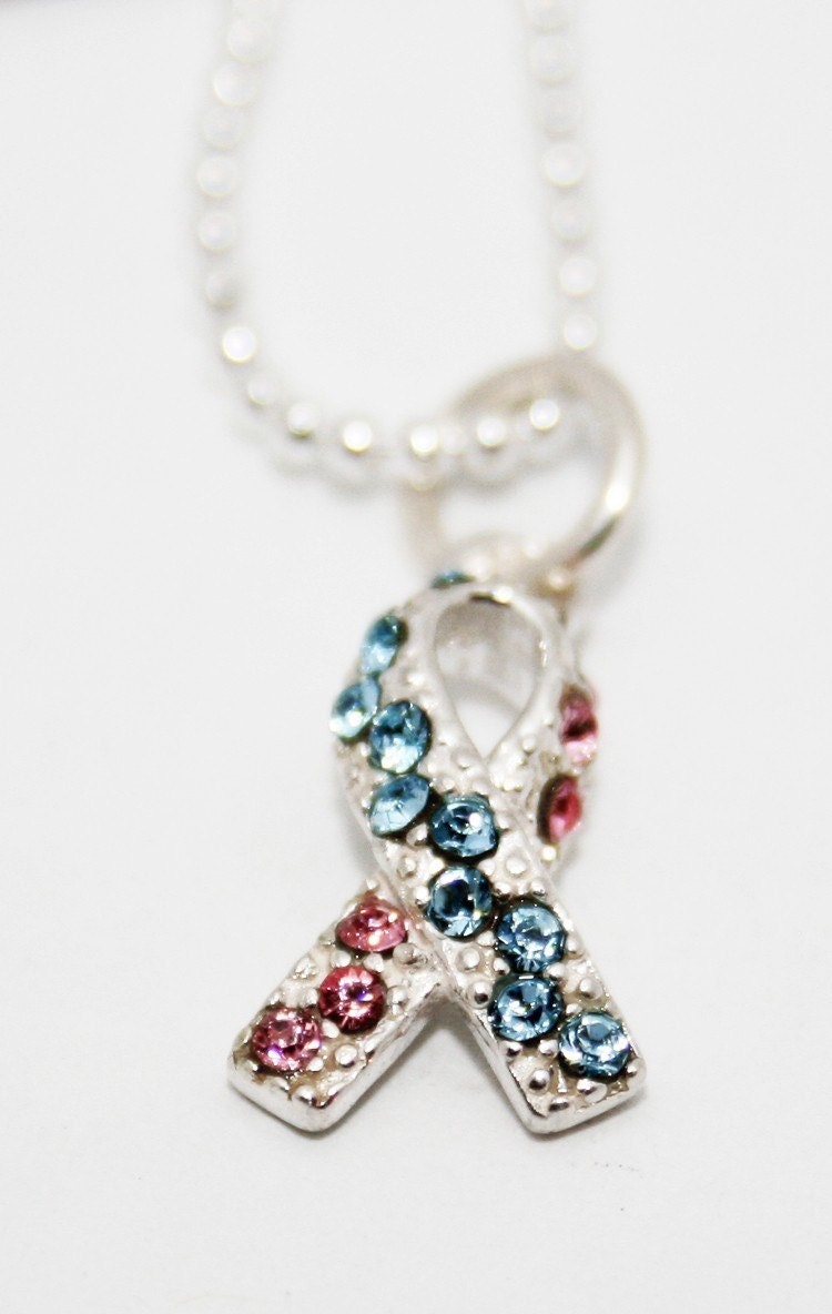 Pink and Blue Crystal Awareness Ribbon Charm Necklace