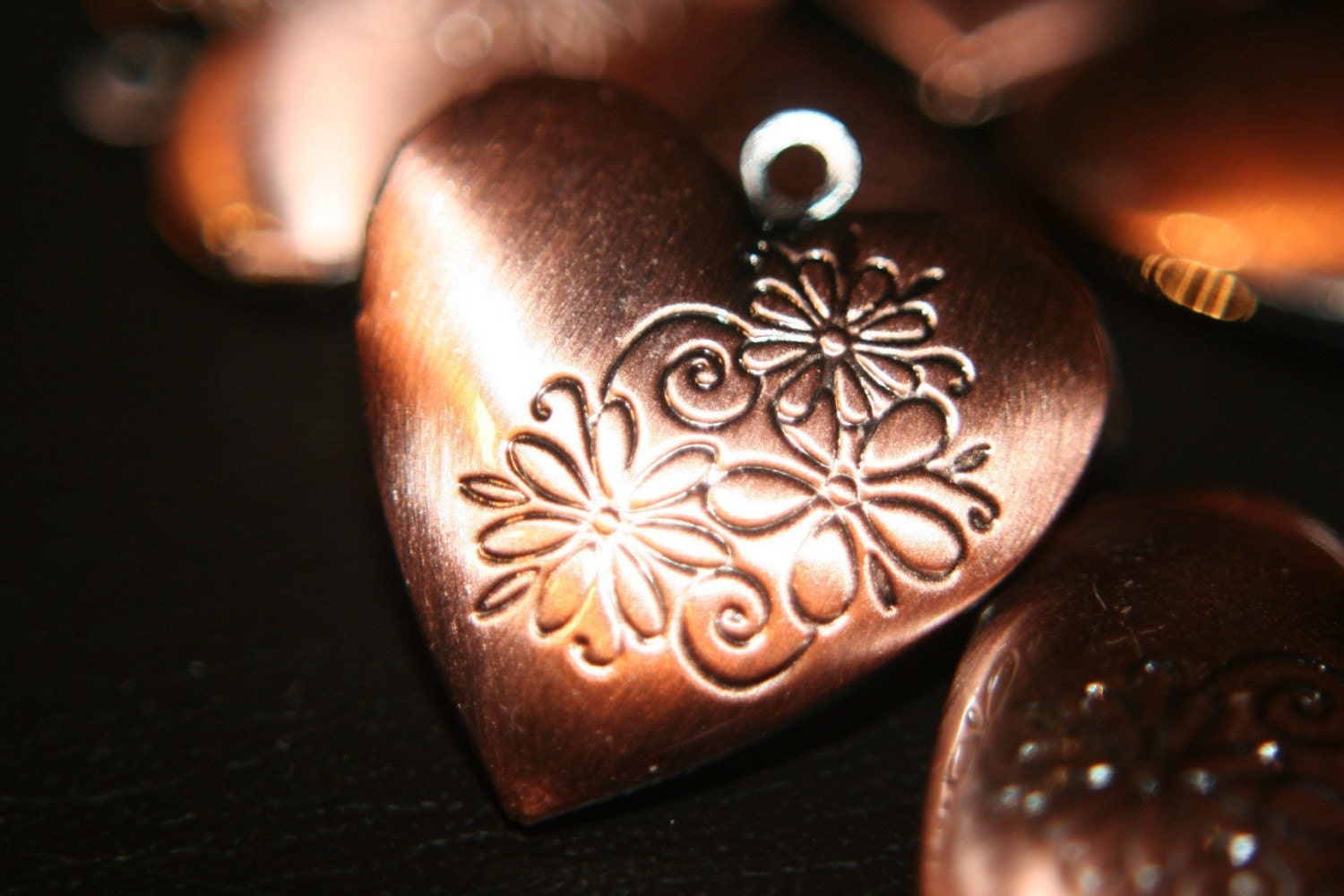 NEW- Antique Copper  Heart Locket with Flower Patterns - 2 pcs