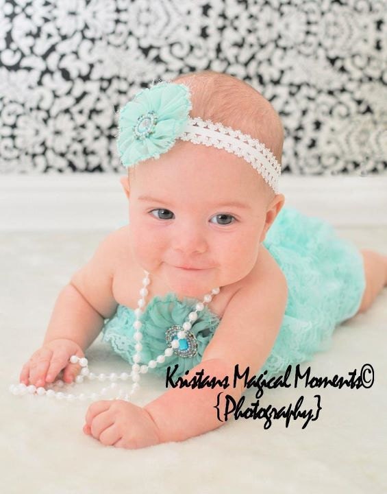 Aqua Lace Romper...SALE..ruffle romper....Baby Bloomers..newborn photography prop....perfect for Babys first birthday