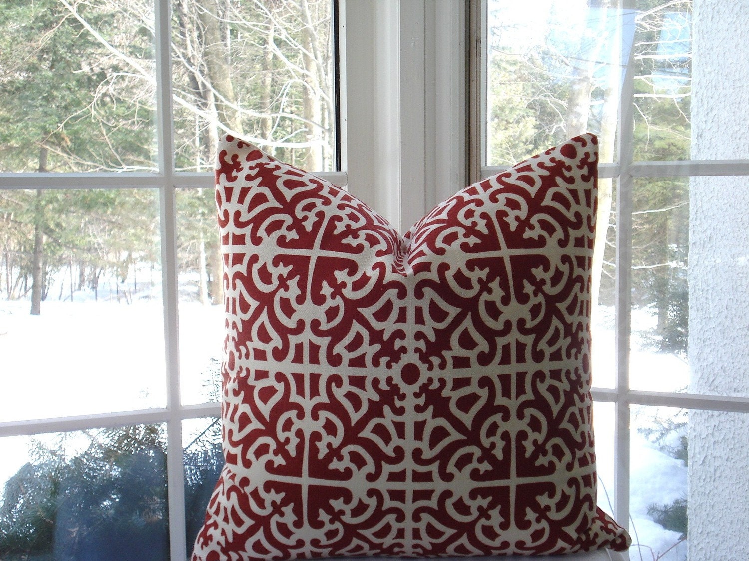 12X20-...Geometric Designer Fabric--Decorative Pillow Cover-Lumbar Pillow-- Geometric  Design -Deep Red / Cream