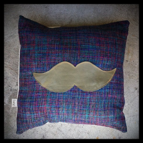 original mustache pillow -  green leather & multi colored woven - case only