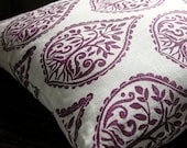 Deep Purple and White hand printed linen home decor pillow case - giardino