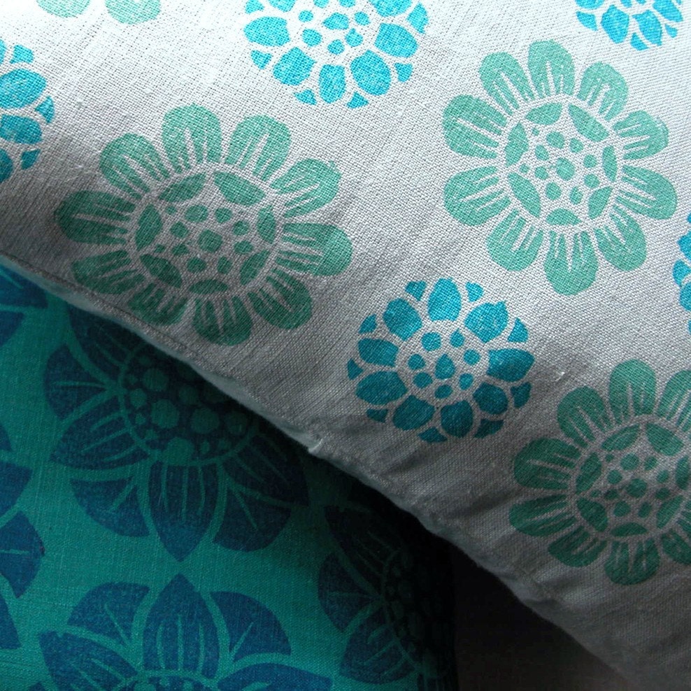 Aqua Water Lilies Hand Printed Linen Pillow 13 x 22
