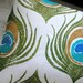 Olive Green and Turquoise Peacock Feather Linen Hand Printed Decorative Pillow Case