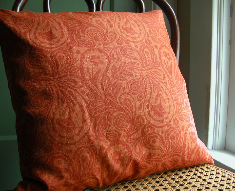 Tangerine Paisley hand printed linen pillow case