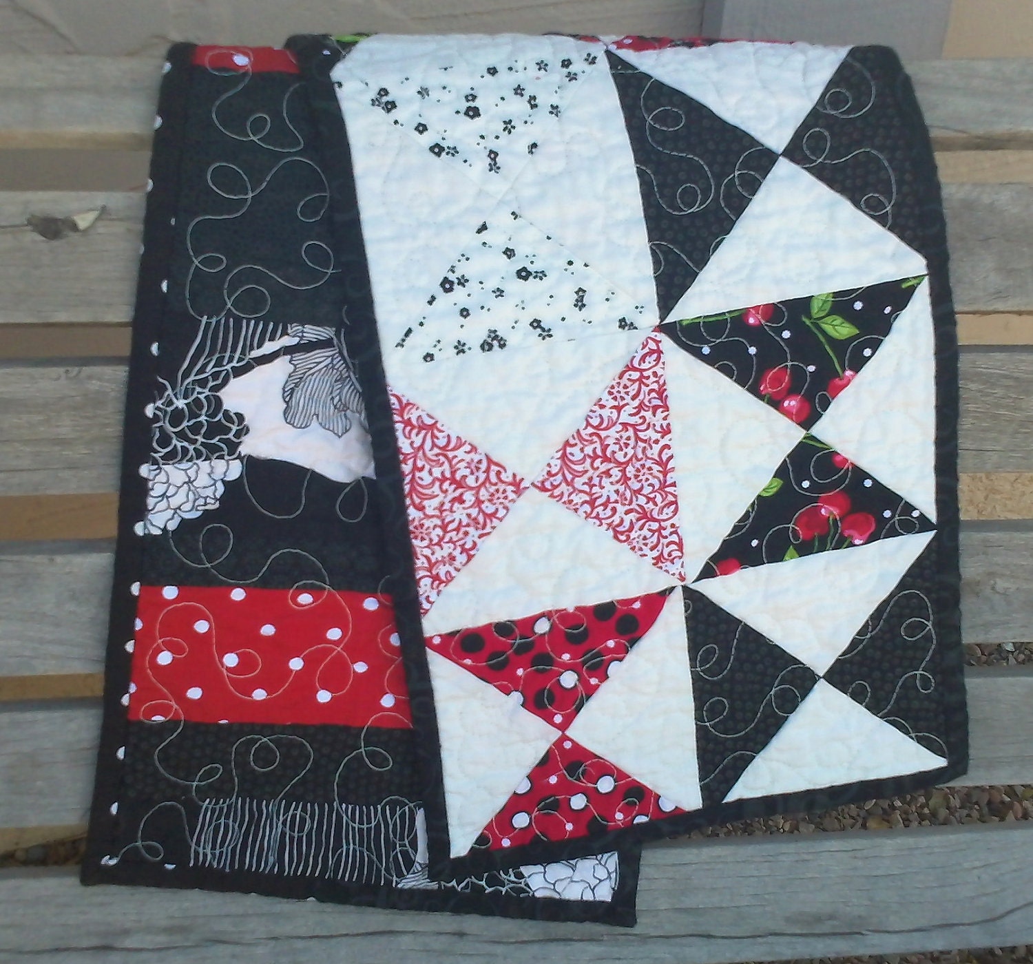 Handmade pinwheel tablerunner - red white black cherries cherry