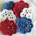 Crochet Applique Flowers,  Mini Doilies, Red, White, Blue - set of 12