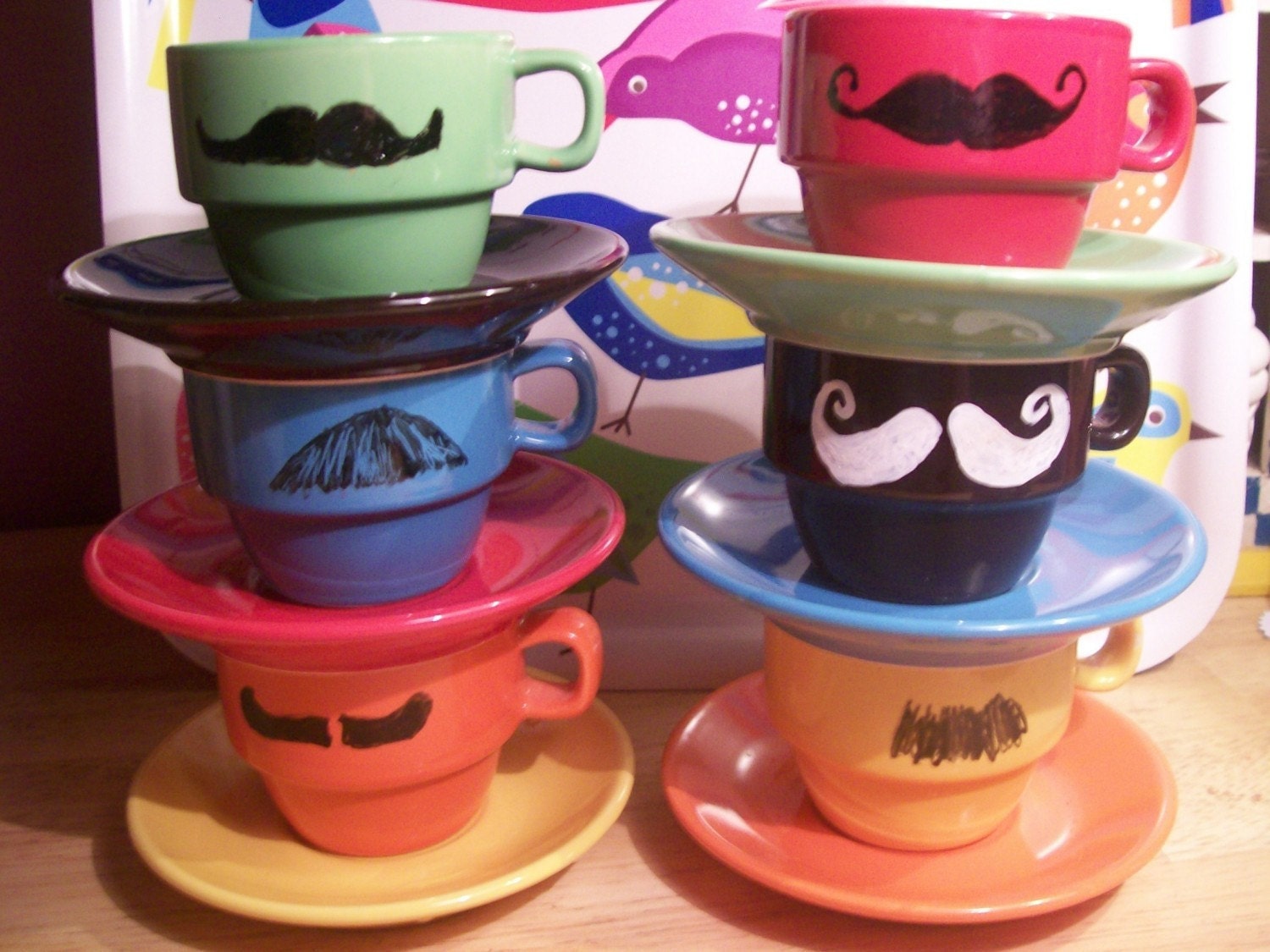 New Modern Stacking Mustache Mugs with matching saucers-Great Mother's Day gift