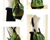 Extra large convertible backpack, messenger, tote, diaper bag w/ leather straps, bottom, and zipper top closurer - Turquoise green bouquet
