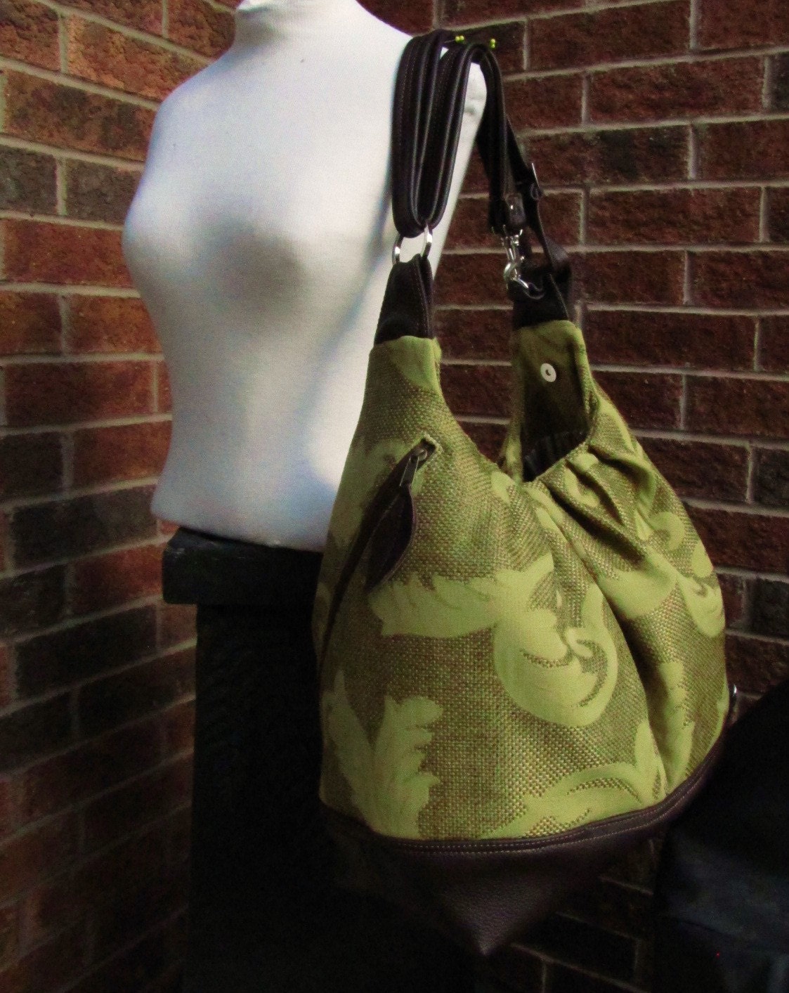 Extra large diaper bag in canvas and leather straps, base, zipper top, convertible backpack purse - Olive gold vines