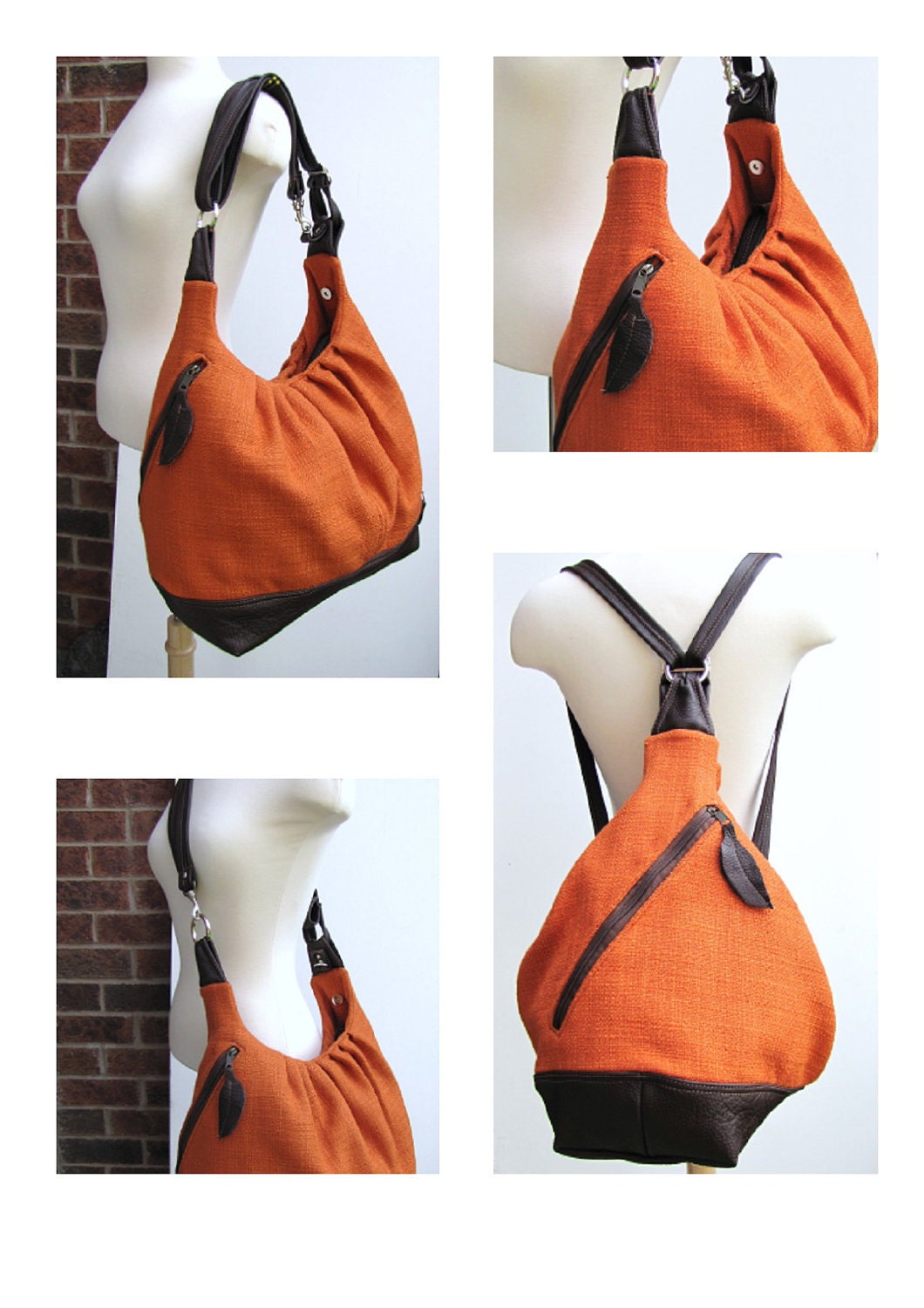 Extra large ORANGE canvas and leather purse, backpack messenger bag, interchangable tote - Tangerine