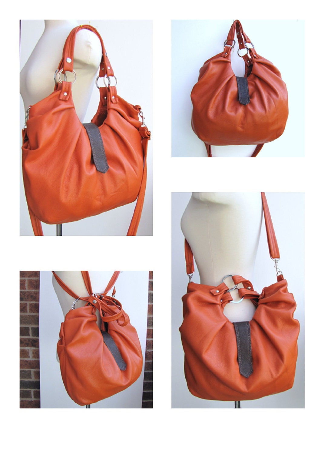 Large orange leather bag, pleated purse. Boston bag, convertible backpack purse - Tangerine Tango
