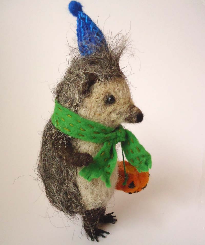Hand Made British Wool, Needle felted Halloween trick or treat Hedgehog with Pumpkin