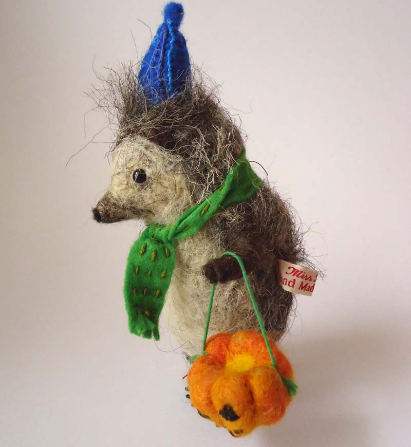 Hand Made British Wool, Needle felted Halloween trick or treat Hedgehog with Pumpkin