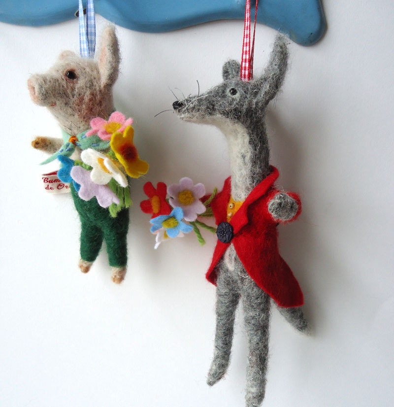 Original needle felted  Slightly  Big Bad Wolf with Felt flowers