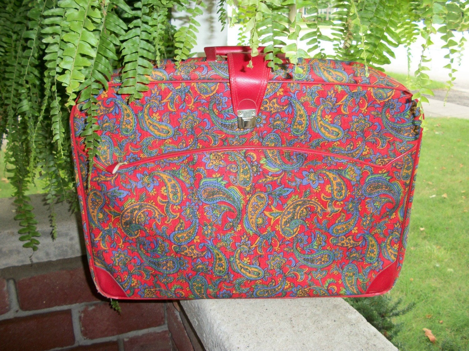 Vintage red paisley weekender suitcase