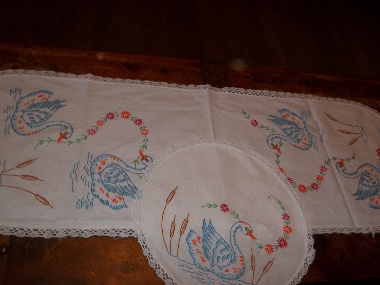 Beautiful vintage swan and cattail dresser scarfs