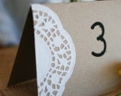Handmade Custom Rustic Vintage Lace Wedding or Party Tent Card Table Number - Kraft Paper