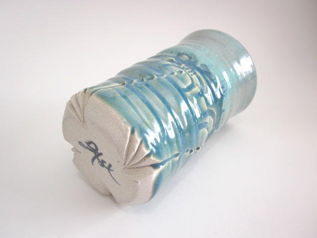 SALE..Large tumbler blue green, Carved with flowers Handmade ceramic pottery