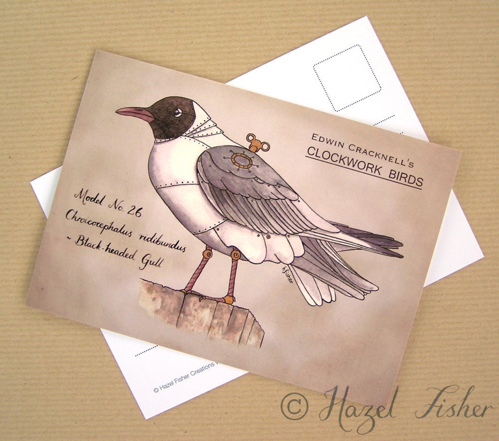 Clockwork Bird - Black-headed Gull - Postcard print, steampunk