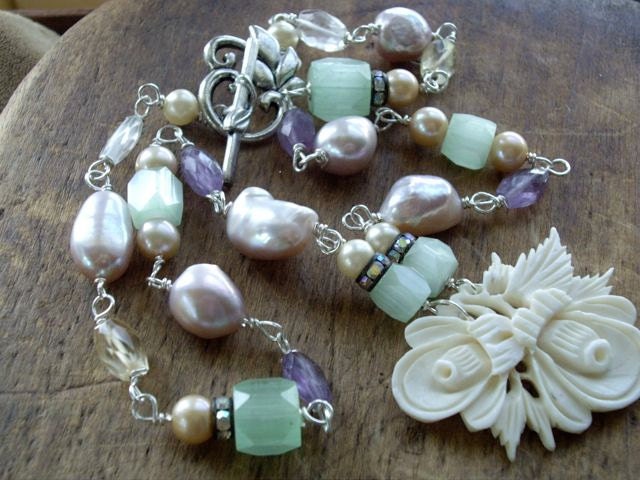 English Garden Amethyst Citrine Blue Topaz Pearls Carved Bone Flower Assemblage Necklace