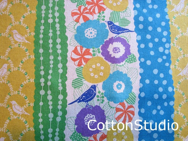 Echino Bird and Flower Fabric By the Yard Yellow Etsuko Furuya