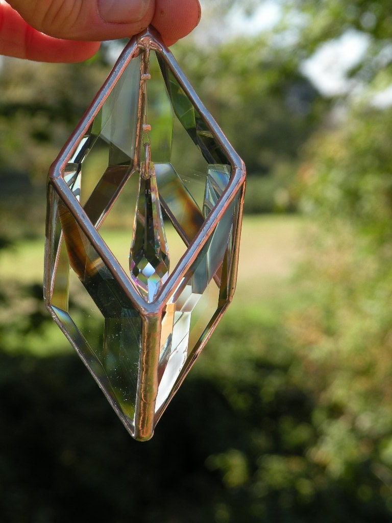 3D Stained Glass Beveled Suncatcher with Swarovski crystal prism hanging inside