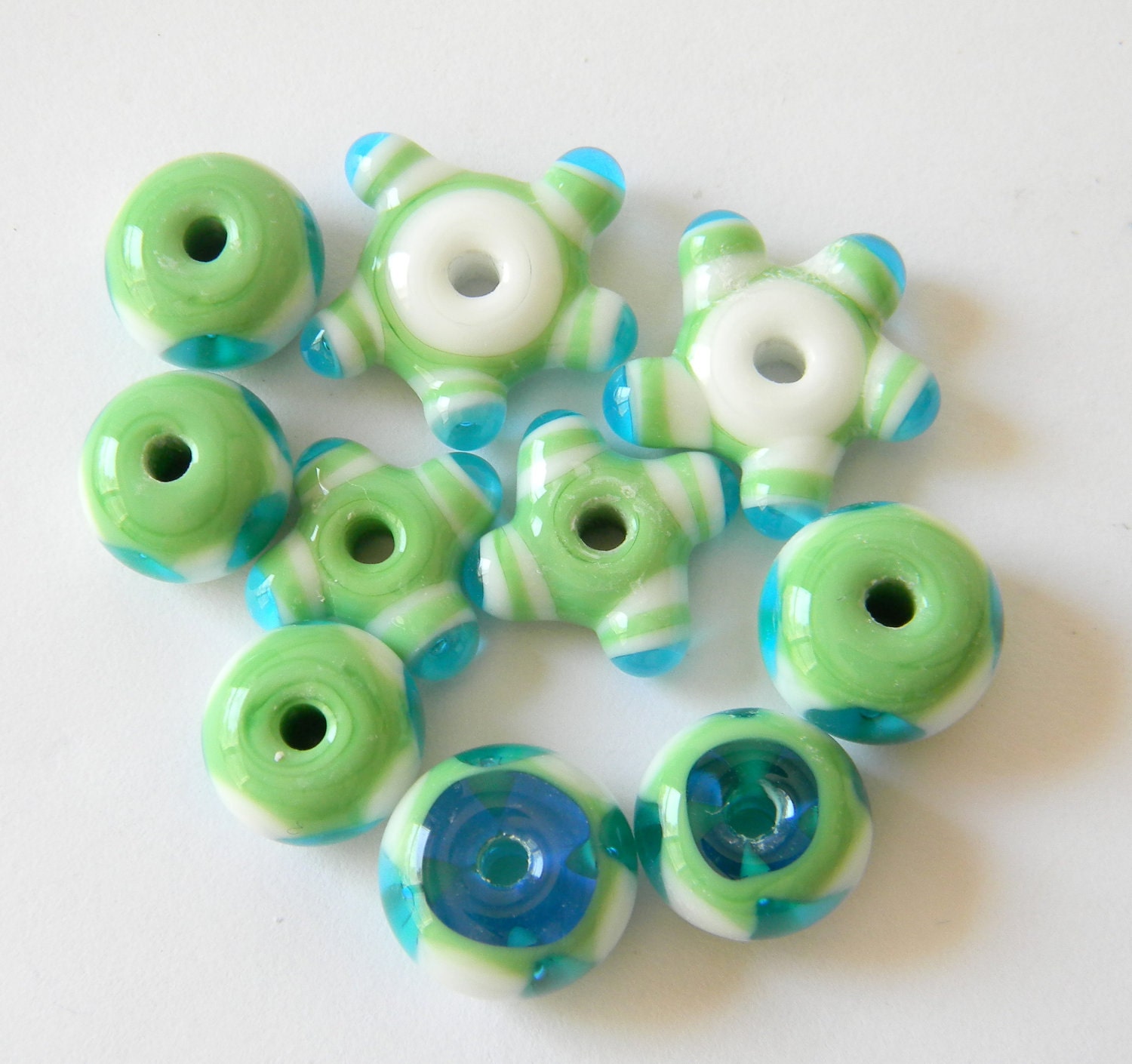 White, Aqua and Green Glass Lampwork Beads Set of 10 Rounds and Funky Shapes