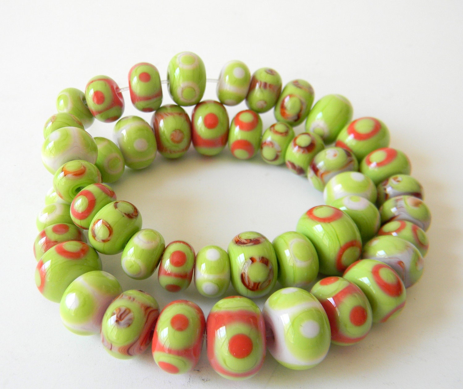 Pinks and Pea Green Lampwork Bead Set of 46 Donut Rounds
