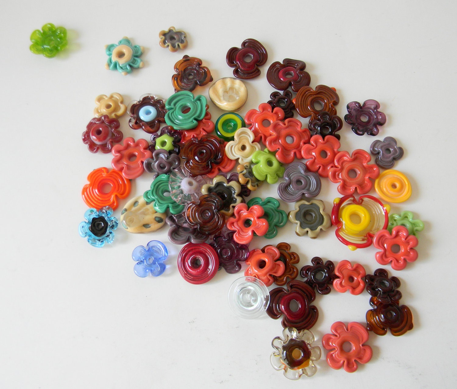 Orphan Discs and Flowers Lampwork Glass Beads Over 50 Set 2