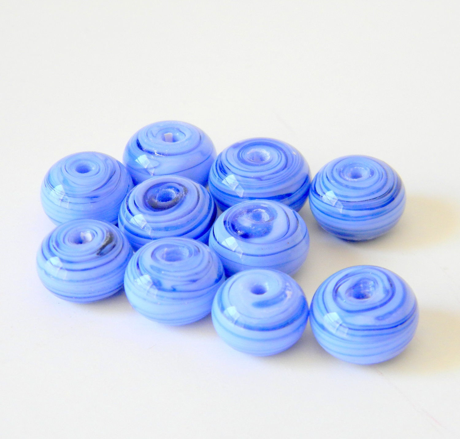 Lampwork Beads Periwinkle Blue and Sparkle Adventurine Striated Donut Rounds Set of 10