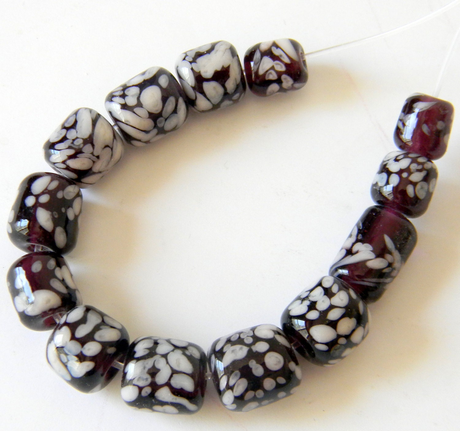 Lampwork Glass Beads, Barrels, Dark Purple, Ginger, Set of 13