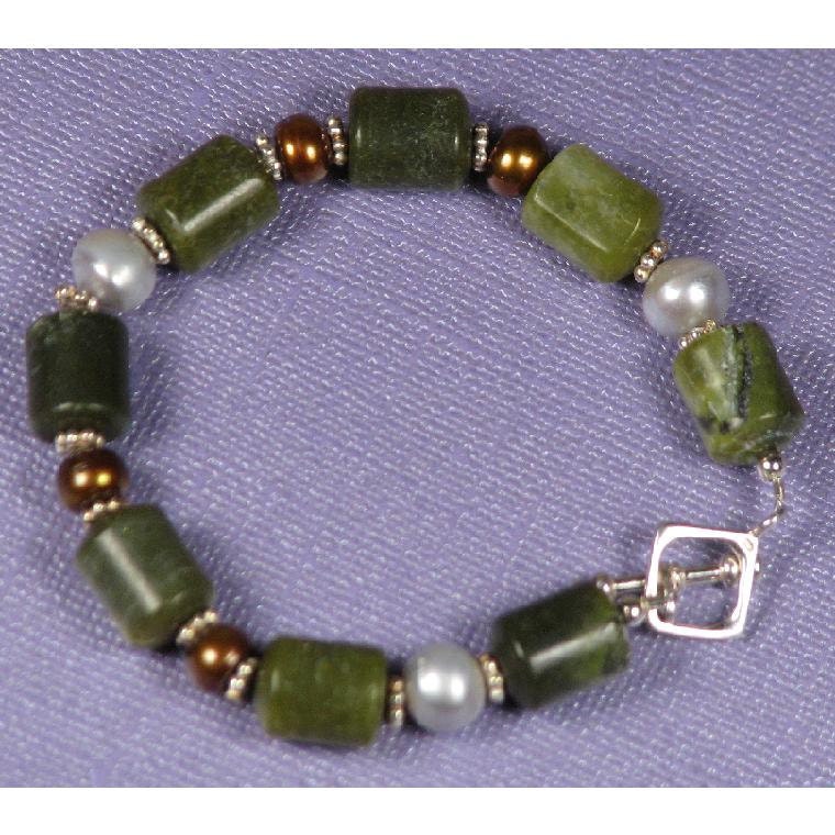 Natural Green Jade Bracelet with Sterling Silver and Freshwater Pearls