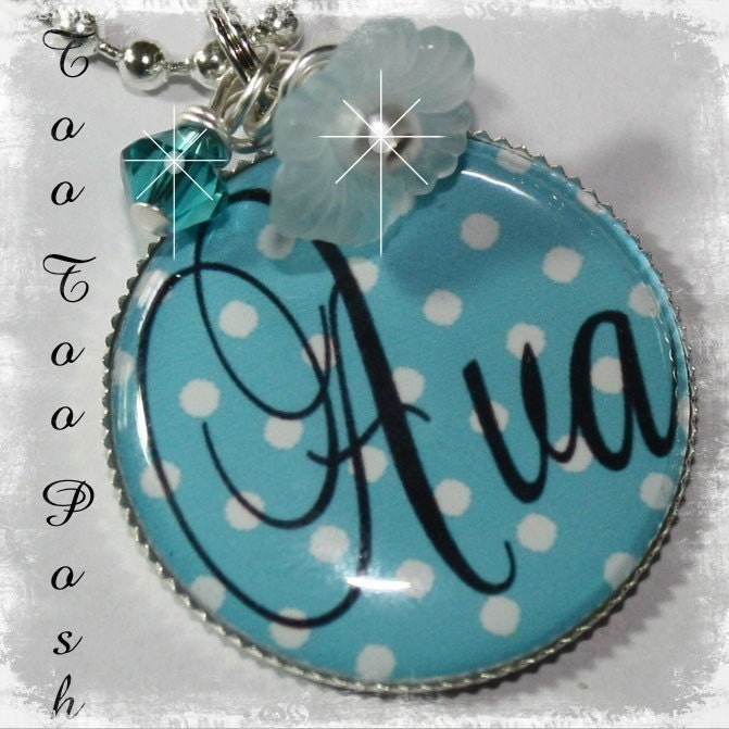 Personalized Blue and White Polka Dot Bezel Set Pendant Necklace