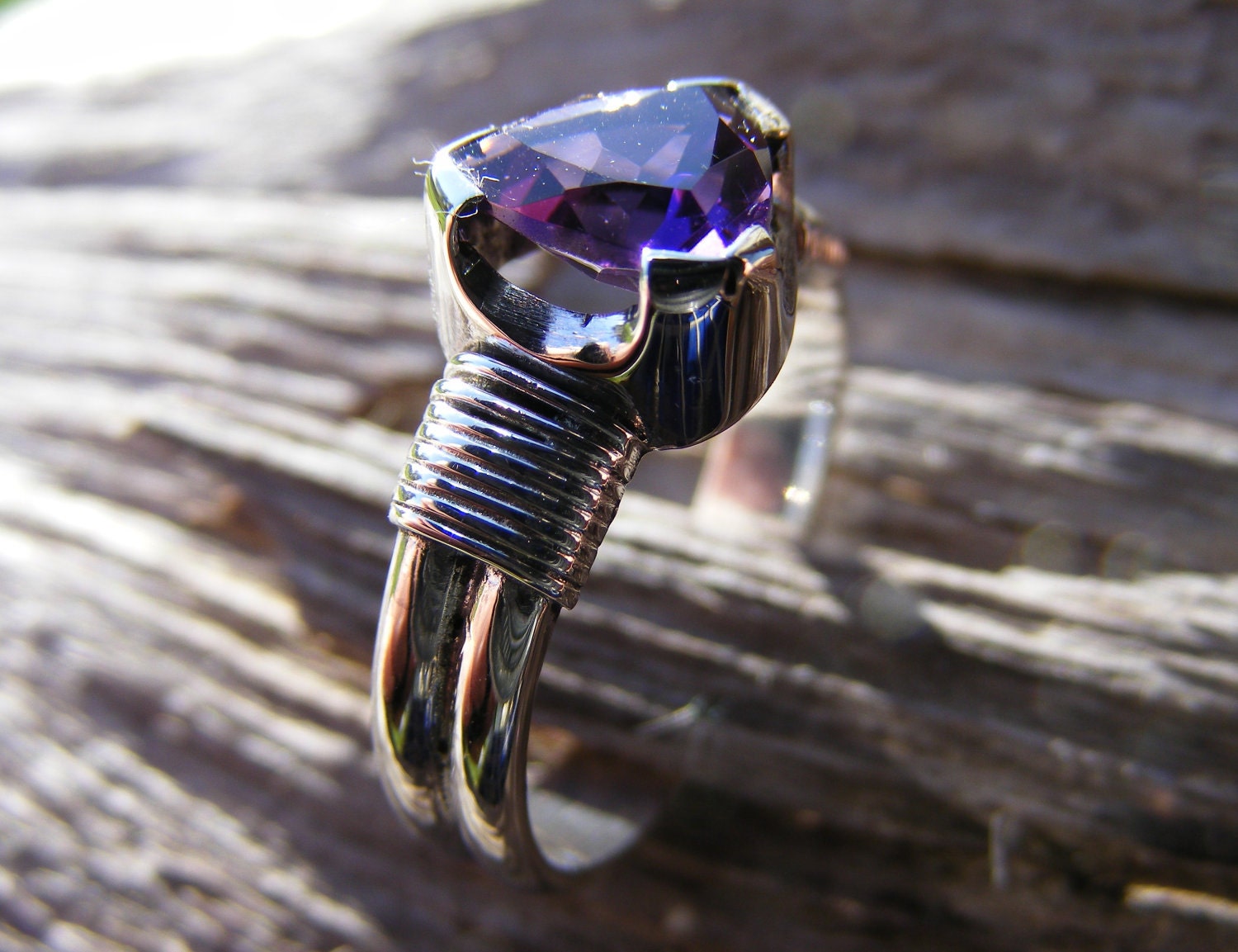 Guinevere. Violet Amethyst and Sterling Silver Trillion Ring