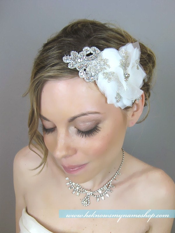 Weddings Bridal Accessories Hair Comb, Enchanted Organza Flower Headpiece - lace, white, ivory, crystal, rhinestone, sweetsixteen