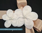 Weddings Accessories Bridal Sash, Pearls Centered Organza Flowers - bridal belt, champagne, silver, grey, black, pink, white, ivory