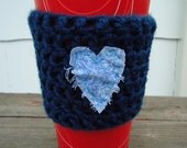 Summer Sale 20% off w/ code "Summer" Clearing Out Sale  Have A Heart On - Blue Sewn Heart on Navy Coffee Sleeve