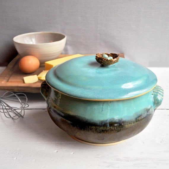 ceramic Casserole handmade lidded stoneware casserole baking dish bird nest with eggs wheel thrown
