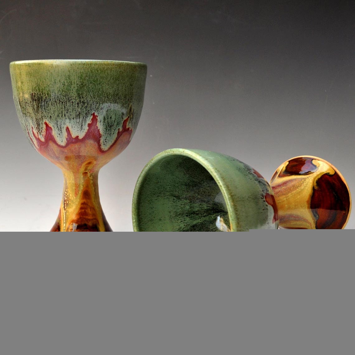 2 ceramic chalice wine goblet glasses handmade stoneware pottery goblet set in Green Tea Chai harvest colors