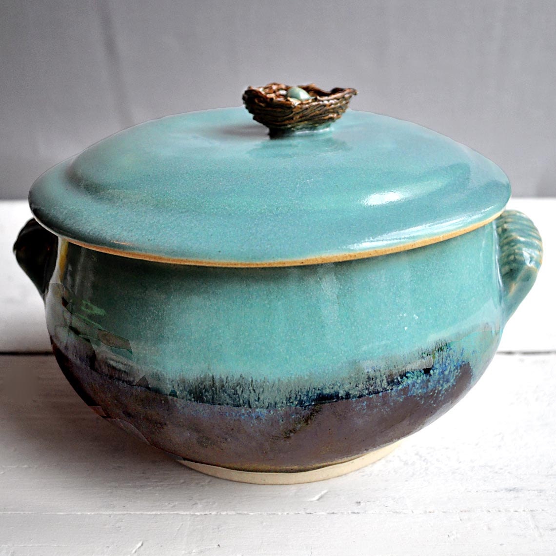 ceramic Casserole handmade lidded stoneware casserole baking dish bird nest with eggs wheel thrown