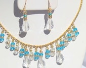 Vintage Style Crystal Bridal Necklace, Aquamarine and Gold Necklace, Artisan Jewelry