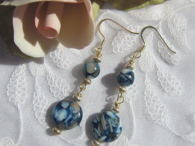 Infused Mother of Pearl Dangle Earrings, Blue and White, Artisan Jewelry