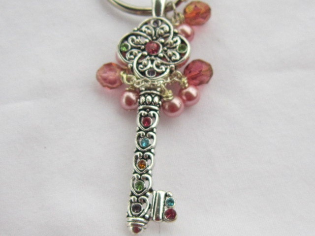 Beaded Keychain with Large Skeleton Key with Rhinestones, Pink Pearls and Czech Crystals, Accessories