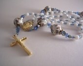 beautiful handmade porcelain rosary with genuine mother of pearl, Czech crystal and gold