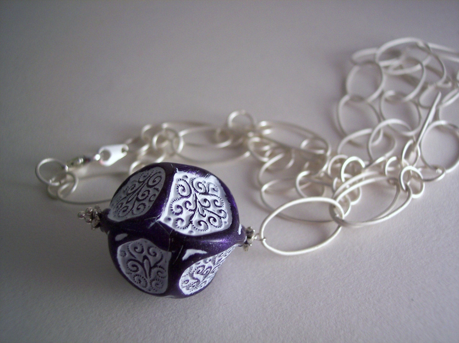 handmade blue and white baroque lucite etched bead on matte silver open link chain necklace - Baroque by the Bay Necklace